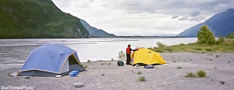 Tent at confluence of Alsek River and Tatshenshini River